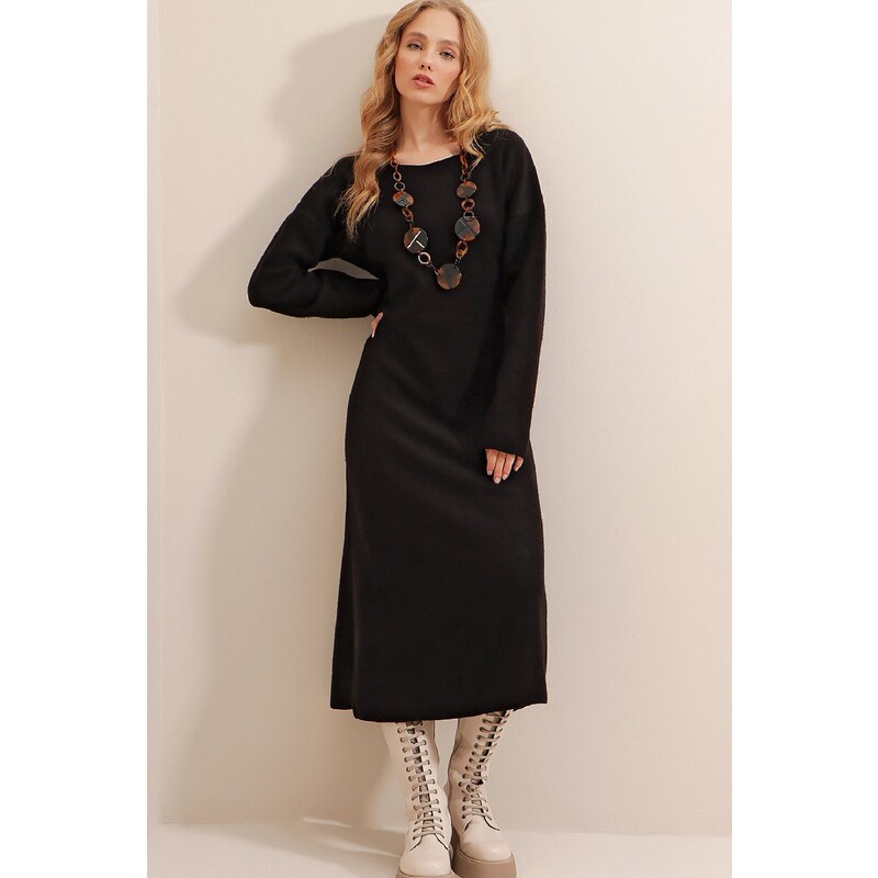 Trend Alaçatı Stili Women's Black Boat Neck Wool Effect Knitwear Dress