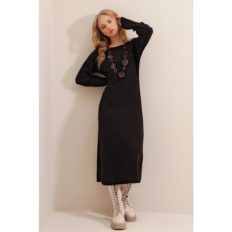 Trend Alaçatı Stili Women's Black Boat Neck Wool Effect Knitwear Dress