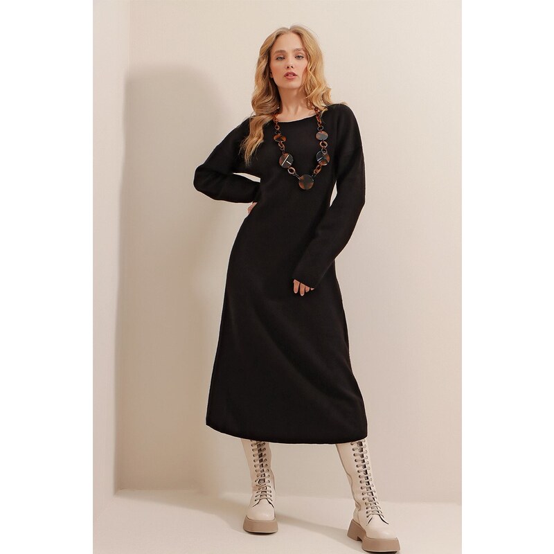 Trend Alaçatı Stili Women's Black Boat Neck Wool Effect Knitwear Dress
