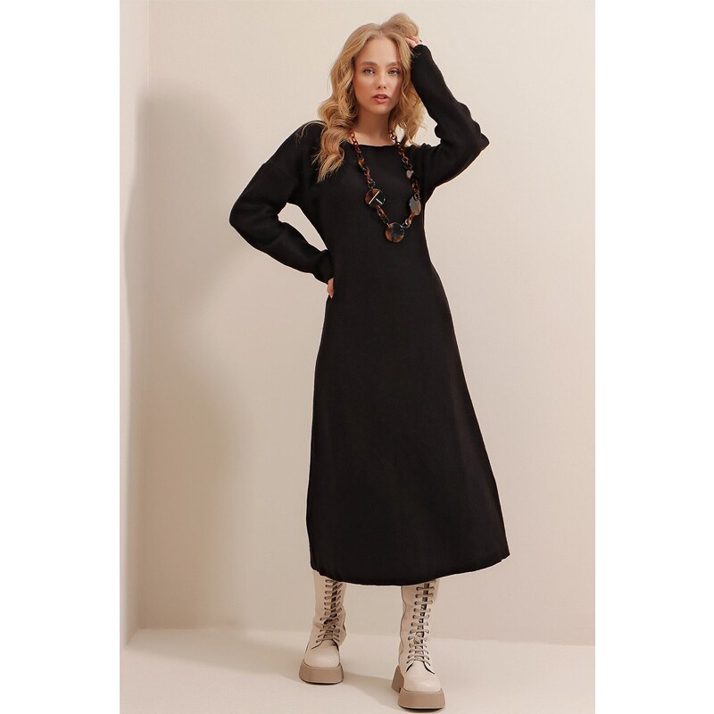 Trend Alaçatı Stili Women's Black Boat Neck Wool Effect Knitwear Dress