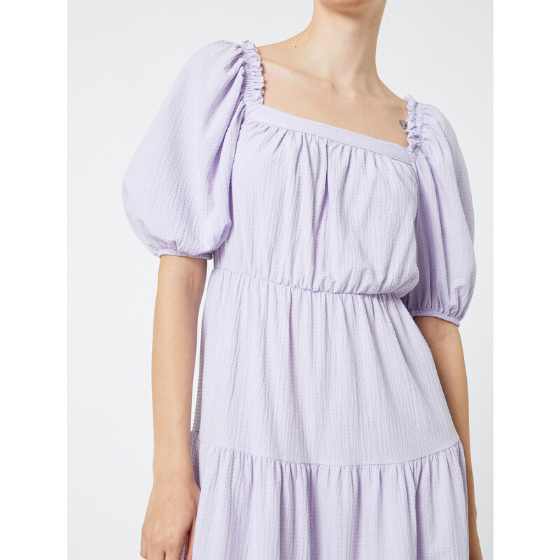 Koton Midi Balloon Sleeve Dress Tiered Square Neckline