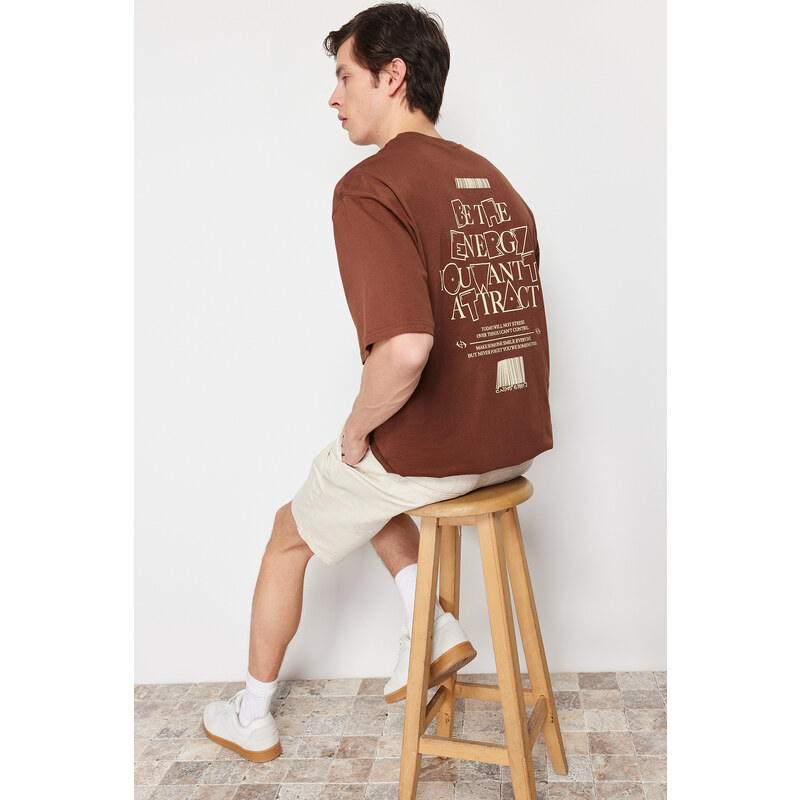 Trendyol Plus Size Brown Oversize/Wide-Fit 100% Cotton Text Printed T-Shirt