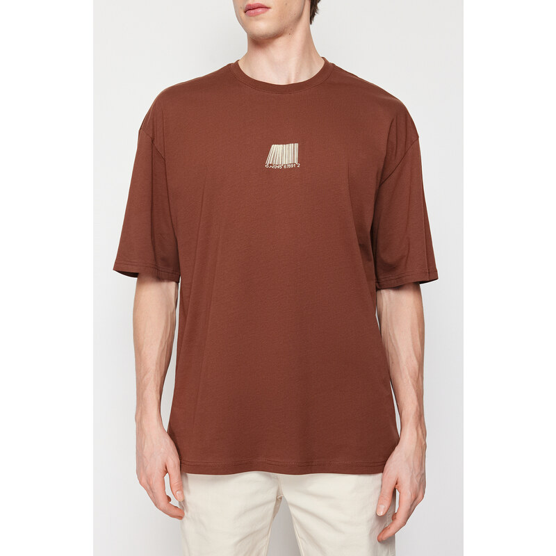 Trendyol Plus Size Brown Oversize/Wide-Fit 100% Cotton Text Printed T-Shirt