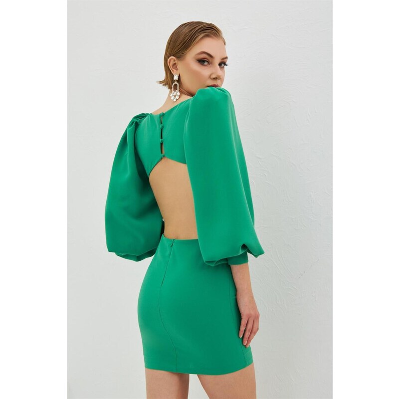 Carmen Green Crepe Stone Balloon Sleeve Short Evening Dress