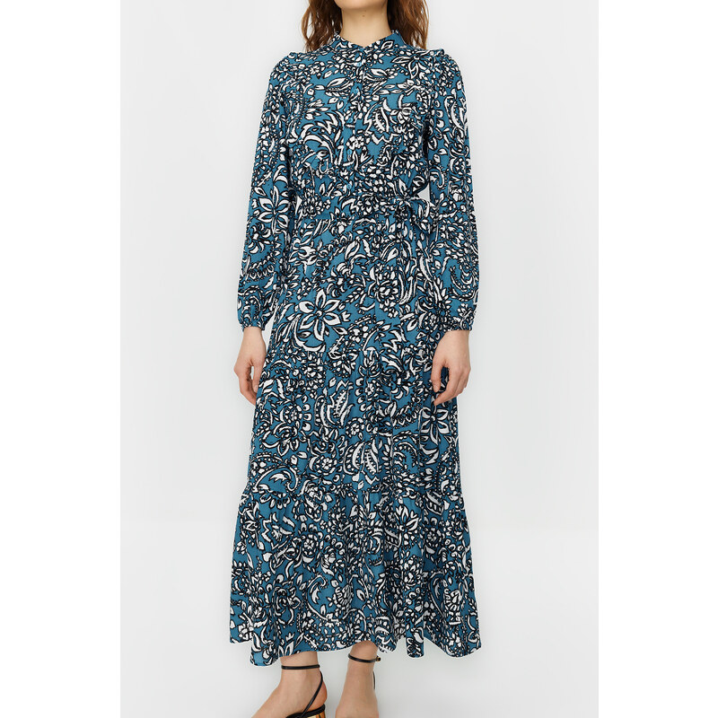 Trendyol Ecru Small Flower Printed Ruffle Detail Belted Woven Dress