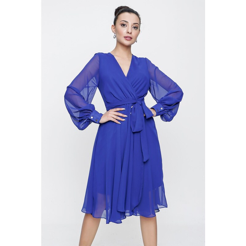 By Saygı Double Breasted Neck Long Sleeve Lined Chiffon Dress