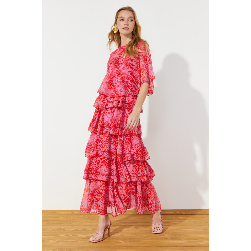 Trendyol Pink Floral Skirt Layered Chiffon Woven Evening Dress