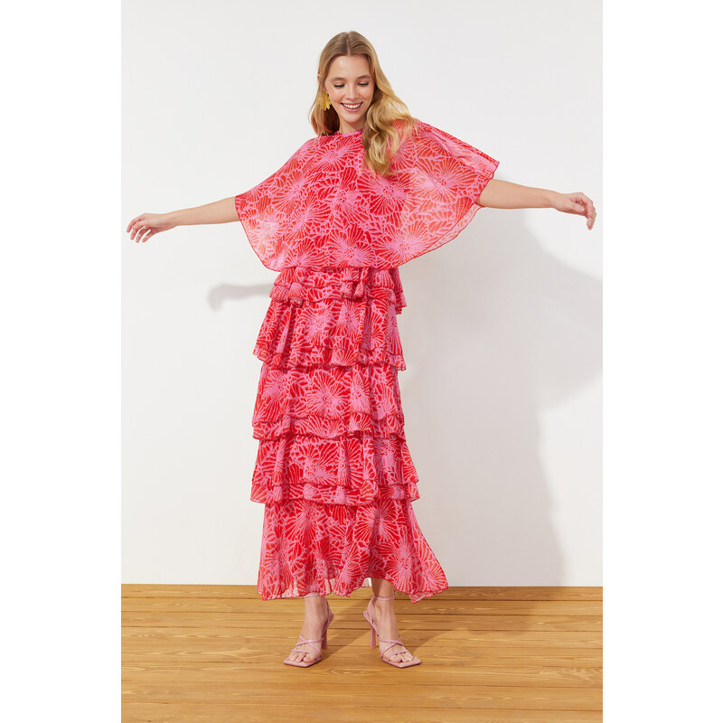 Trendyol Pink Floral Skirt Layered Chiffon Woven Evening Dress