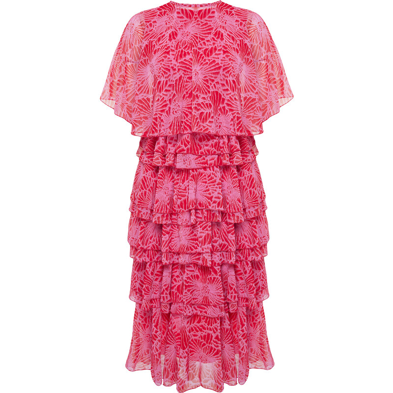 Trendyol Pink Floral Skirt Layered Chiffon Woven Evening Dress