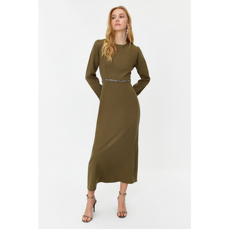 Trendyol Khaki Stone and Cuff Detailed Evening Dress