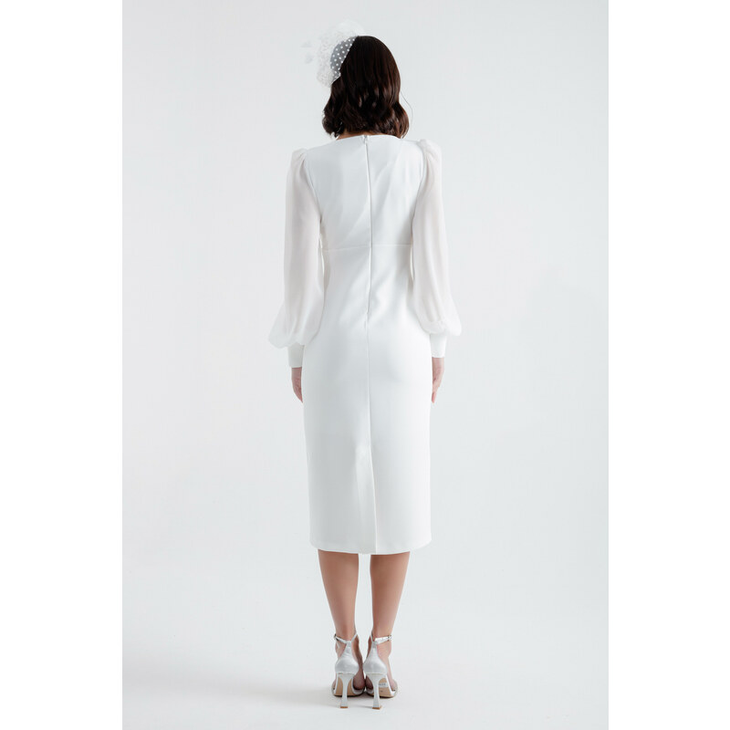Lafaba Women's White Double Breasted Neck Midi Evening Dress