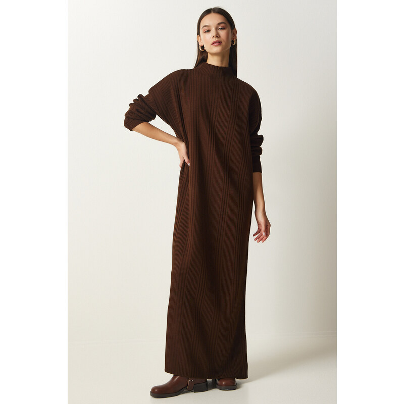 Happiness İstanbul Women's Brown High Collar Oversize Knitwear Dress