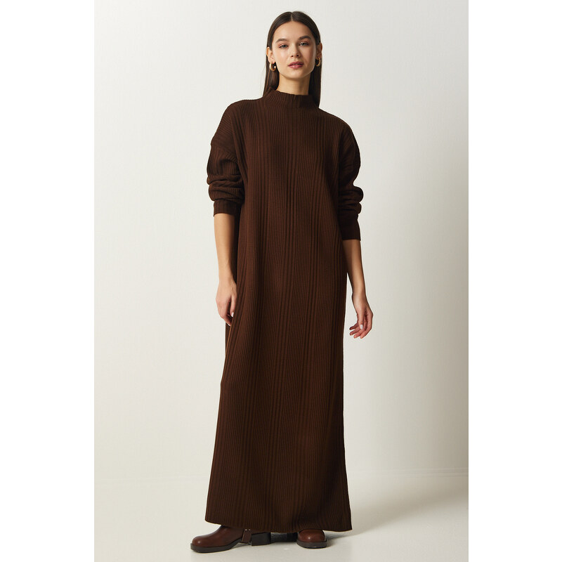 Happiness İstanbul Women's Brown High Collar Oversize Knitwear Dress