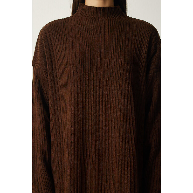 Happiness İstanbul Women's Brown High Collar Oversize Knitwear Dress