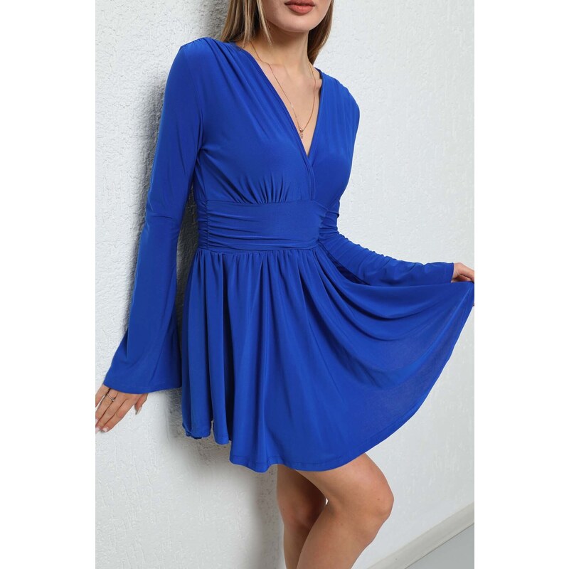 BİKELİFE Women's Blue Spanish Sleeve Shorts Chest and Decollete Decollete Detail Dress