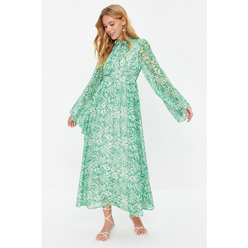 Trendyol Green Woven Lined Chiffon Floral Evening Dress