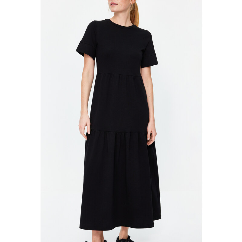 Trendyol Black Gathered Skirt Ruffle Maxi Short Sleeve Crew Neck Knitted Dress