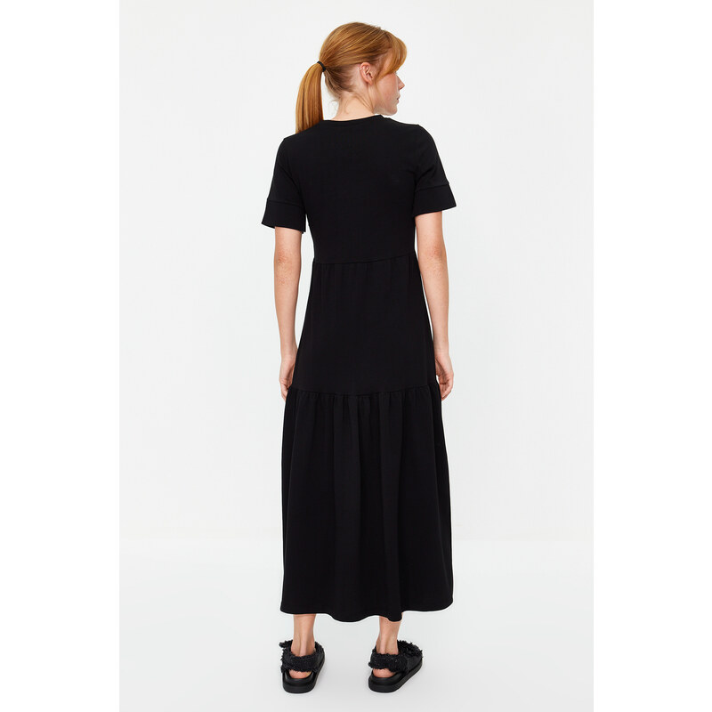 Trendyol Black Gathered Skirt Ruffle Maxi Short Sleeve Crew Neck Knitted Dress