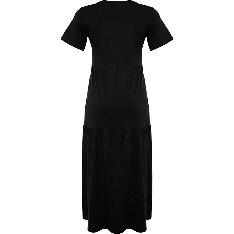 Trendyol Black Gathered Skirt Ruffle Maxi Short Sleeve Crew Neck Knitted Dress