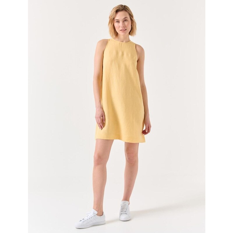 Jimmy Key Yellow Straight Cut Crew Neck, Sleeveless Woven Linen Dress