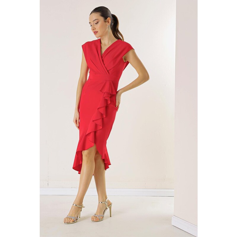 By Saygı Double Breasted Collar Front Flounce Lined Crepe Dress