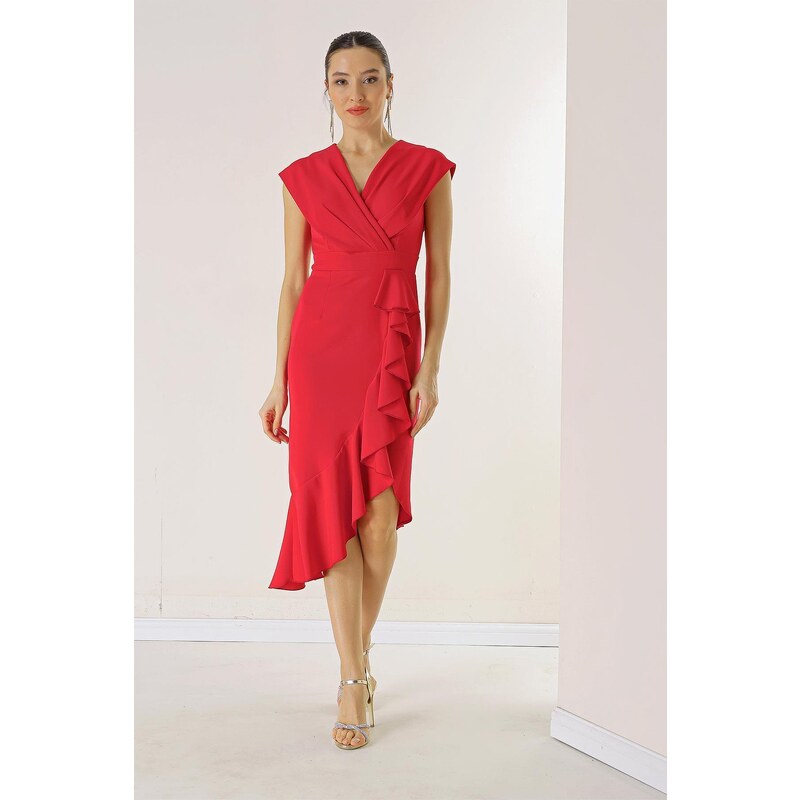 By Saygı Double Breasted Collar Front Flounce Lined Crepe Dress