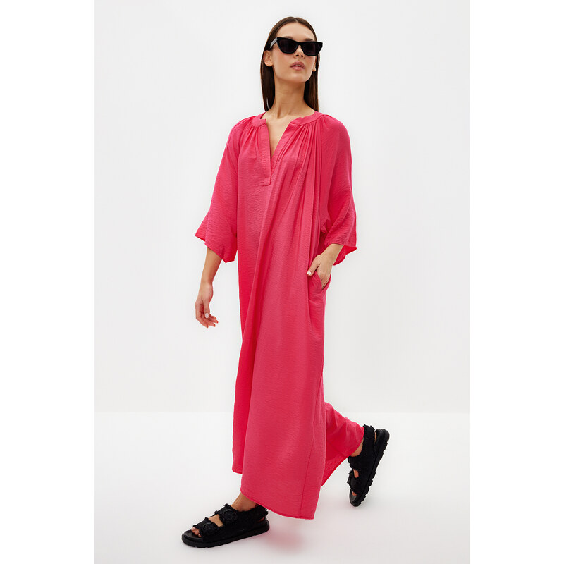 Trendyol Fuchsia V-Neck Half Sleeve Aerobin Woven Kimono & Kaftan Dress