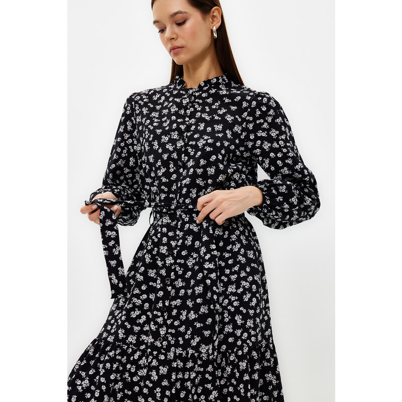 Trendyol Black Belted Skirt Flounced Floral Patterned Lined Woven Dress