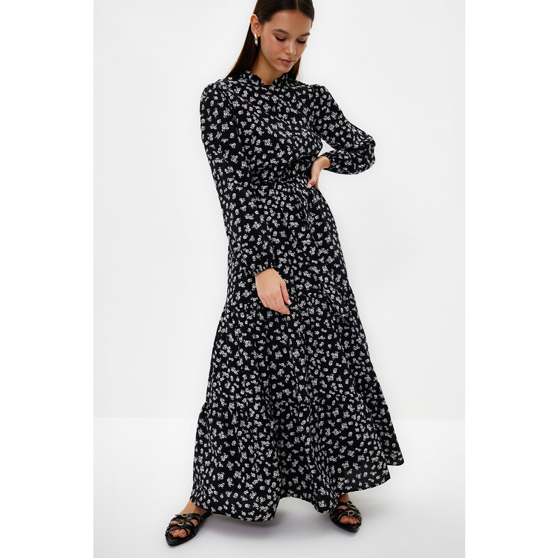 Trendyol Black Belted Skirt Flounced Floral Patterned Lined Woven Dress