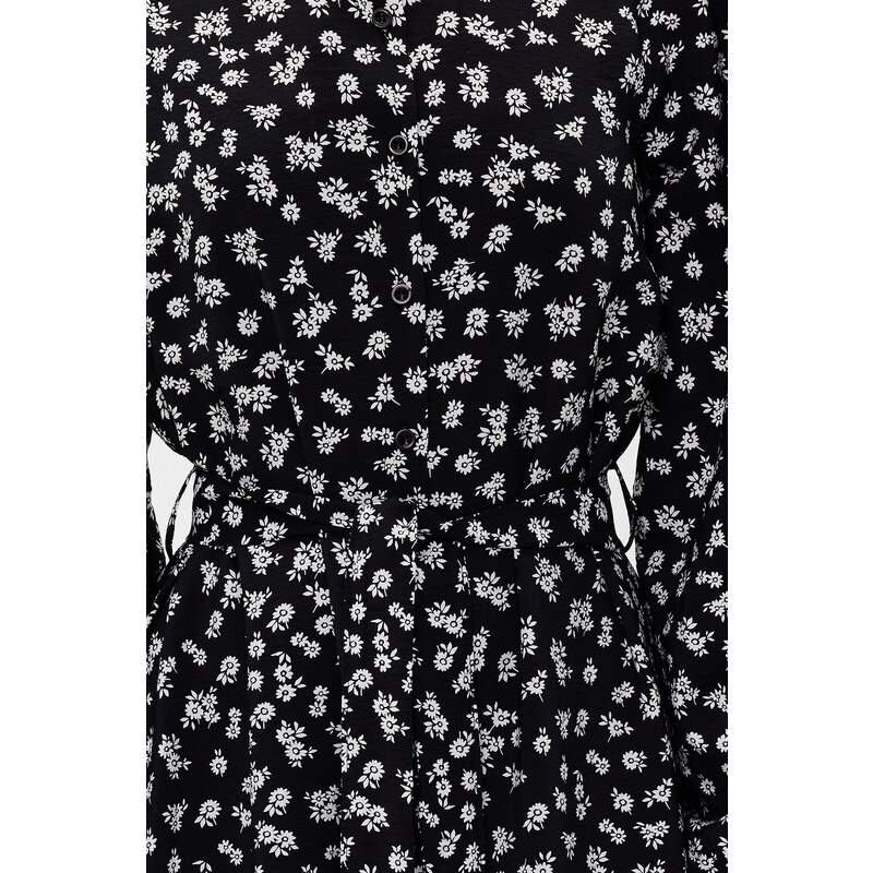 Trendyol Black Belted Skirt Flounced Floral Patterned Lined Woven Dress