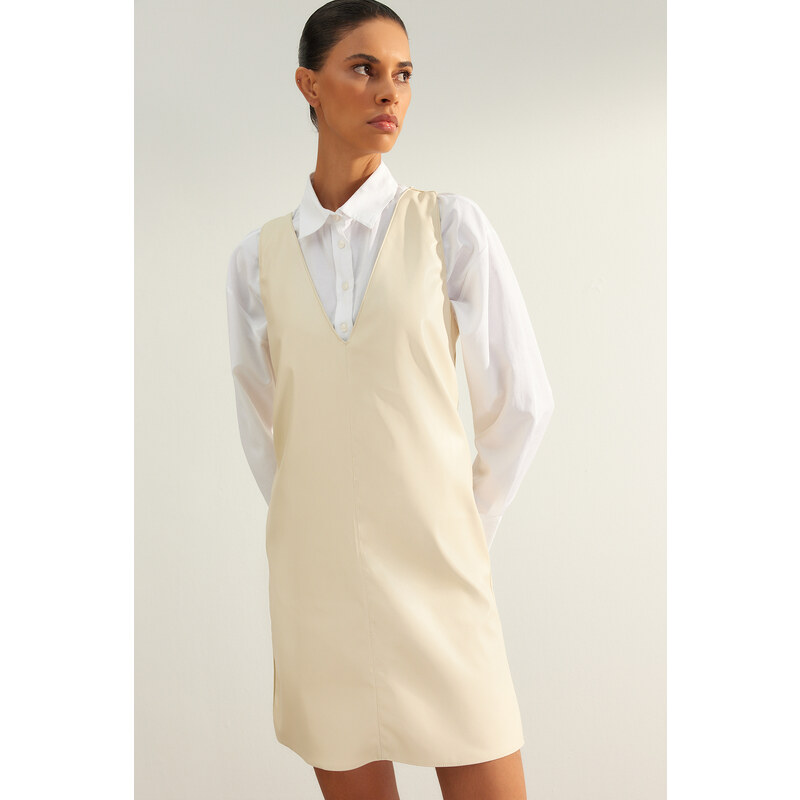 Trendyol Stone Straight Cut Faux Leather Gilet Woven Dress