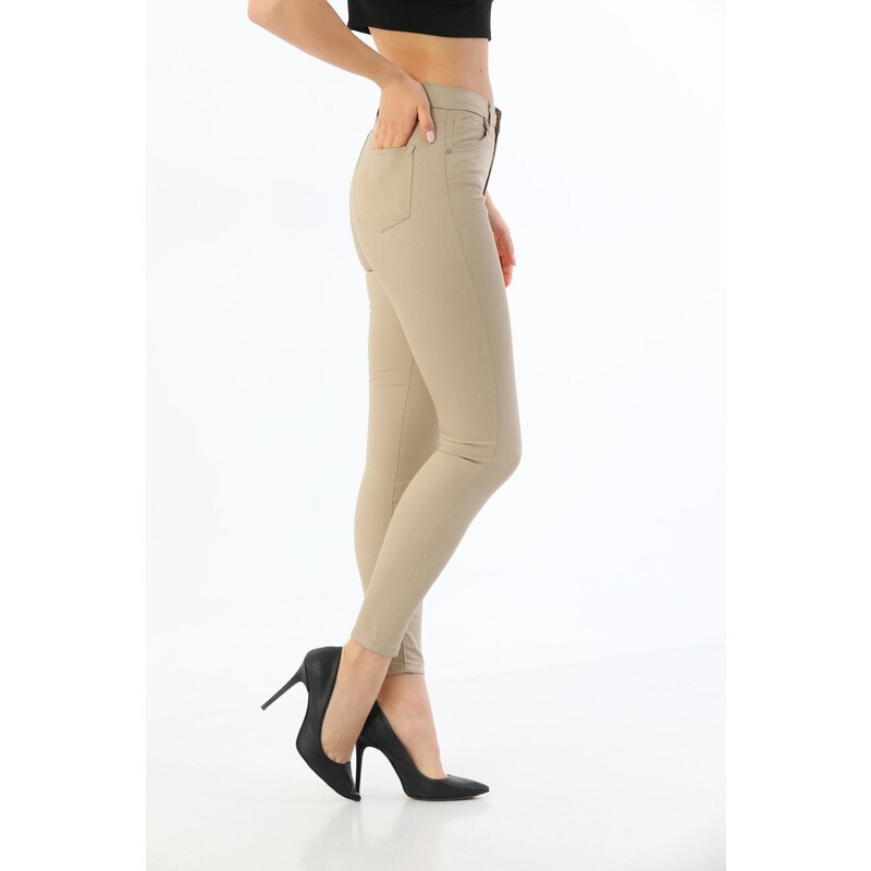 BİKELİFE Dámské béžové kalhoty s vysokým pasem po kotníky Slim Leg Skinny Lycra