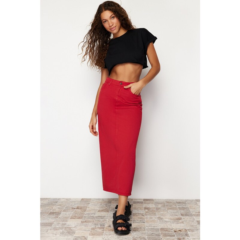 Trendyol Red Slit Maxi Denim Skirt