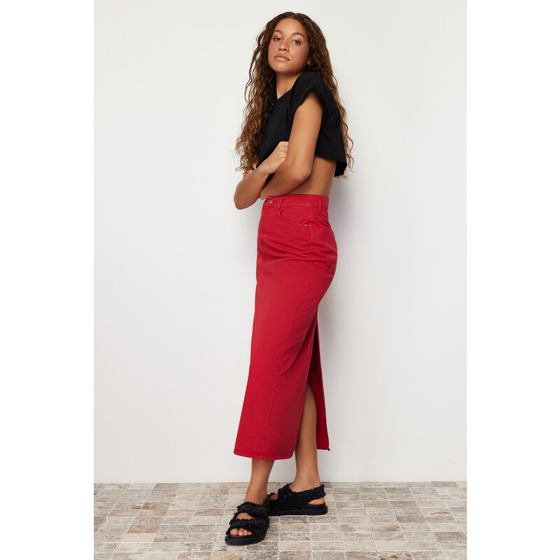 Trendyol Red Slit Maxi Denim Skirt