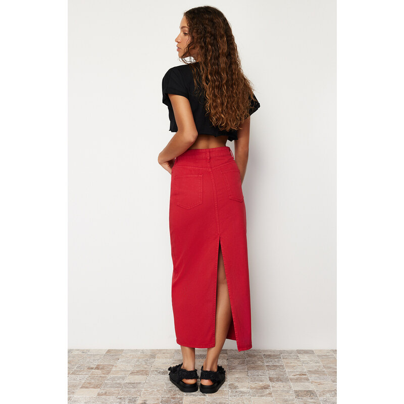 Trendyol Red Slit Maxi Denim Skirt