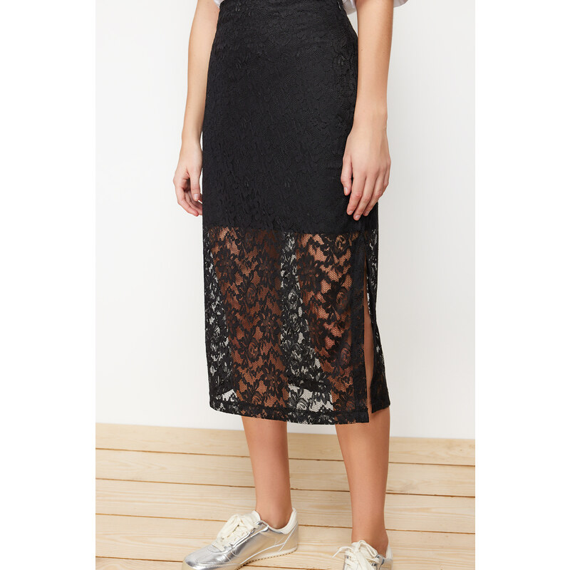 Trendyol Black Lining Detailed Lace Midi Length Woven Skirt