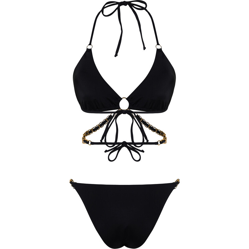 Trendyol Black High Leg Regular Bikini Set with Triangle Chain Accessory