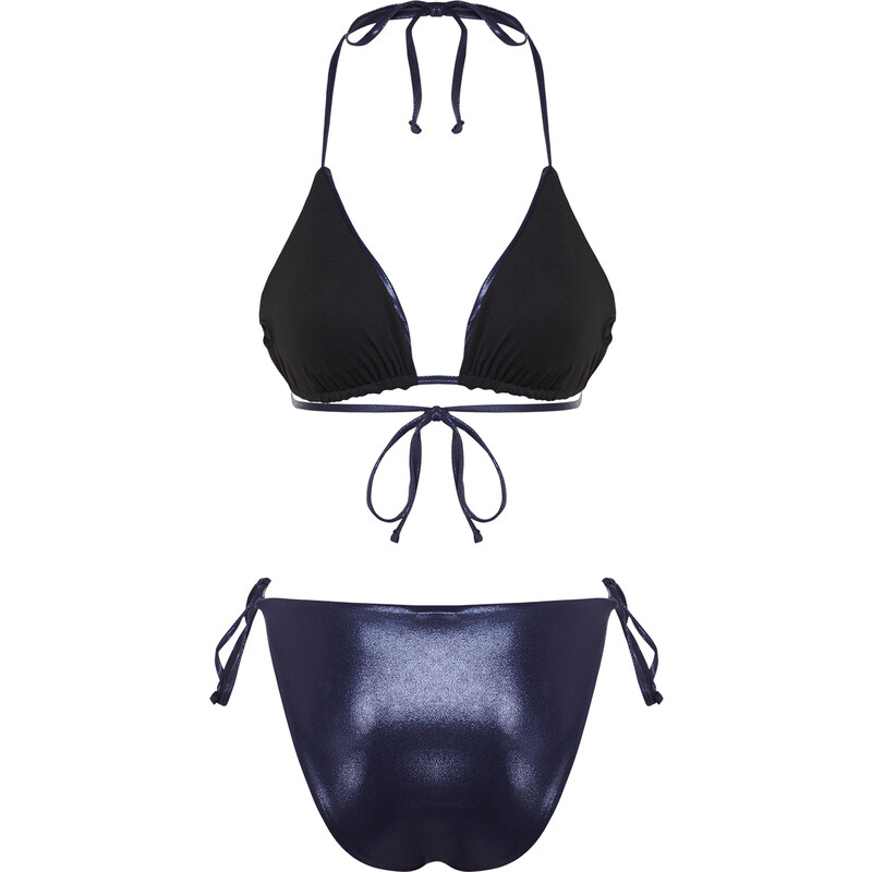 Trendyol Navy Blue Triangle Tunnel Shiny Lacquer Printed High Leg Regular Bikini Set