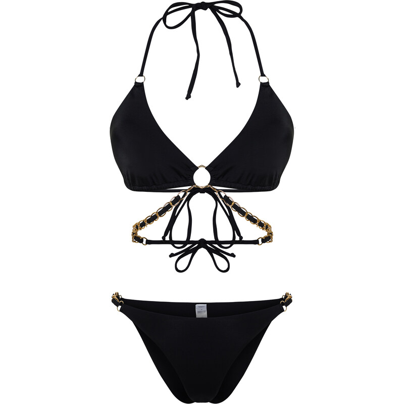 Trendyol Black High Leg Regular Bikini Set with Triangle Chain Accessory