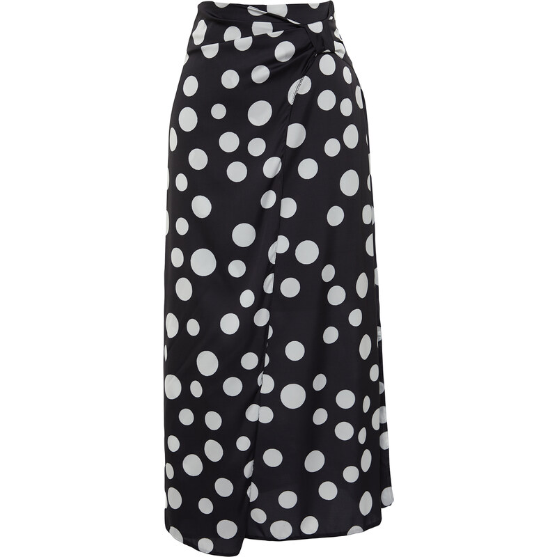 Trendyol Black Polka Dot Slit Detailed Satin Maxi Length Woven Skirt