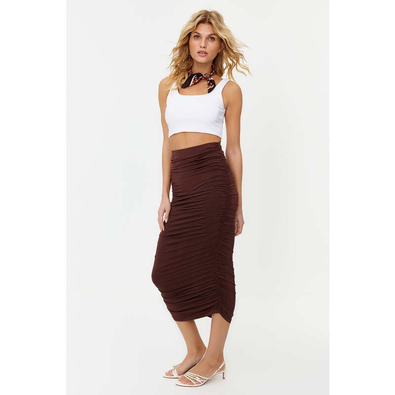 Trendyol Brown Gathered Body Fitted Elastic Waist Lined Maxi Stretch Knitted Skirt