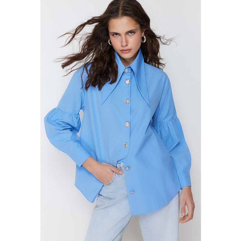 Trendyol Blue Baby Collar Accessory Cotton Woven Shirt