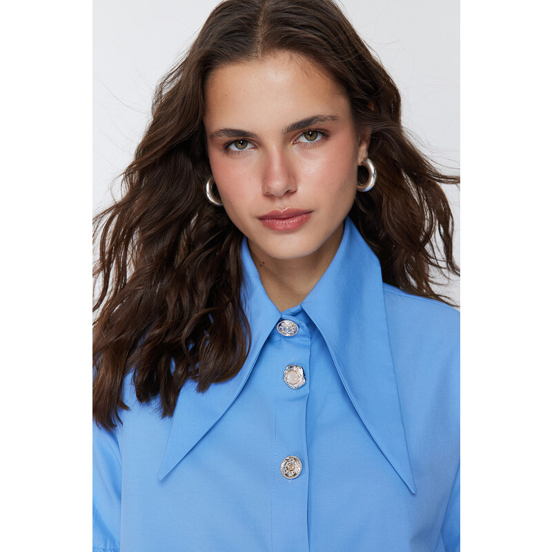 Trendyol Blue Baby Collar Accessory Cotton Woven Shirt