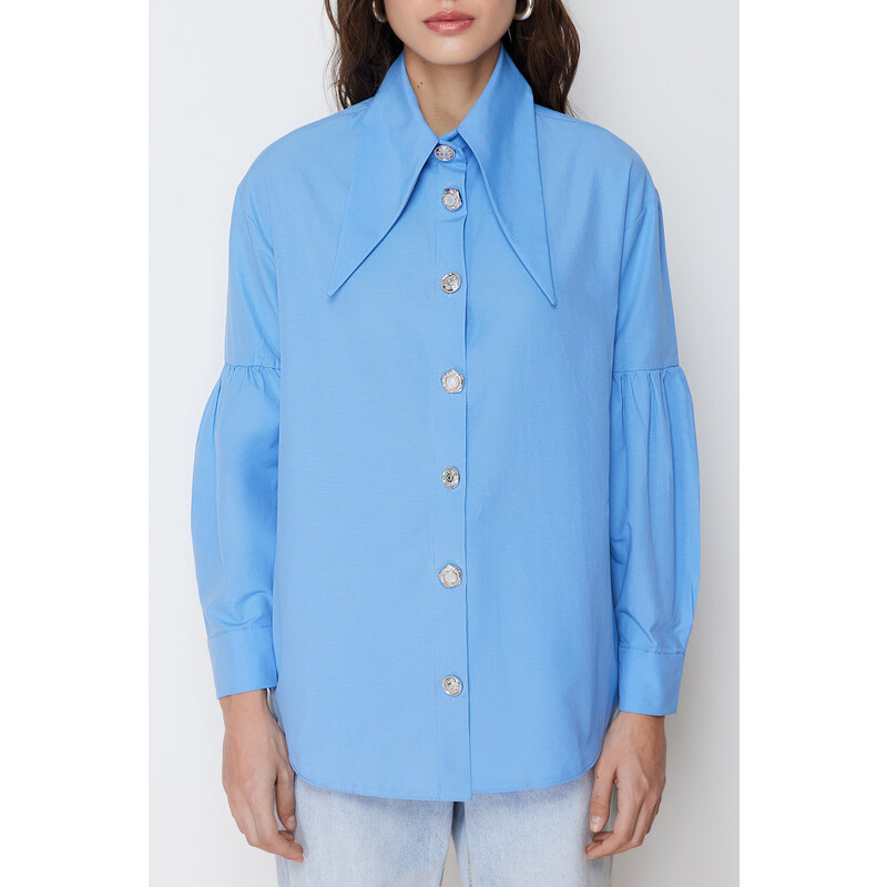 Trendyol Blue Baby Collar Accessory Cotton Woven Shirt