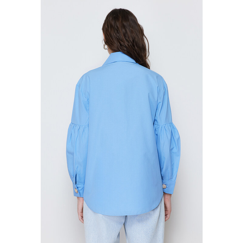 Trendyol Blue Baby Collar Accessory Cotton Woven Shirt