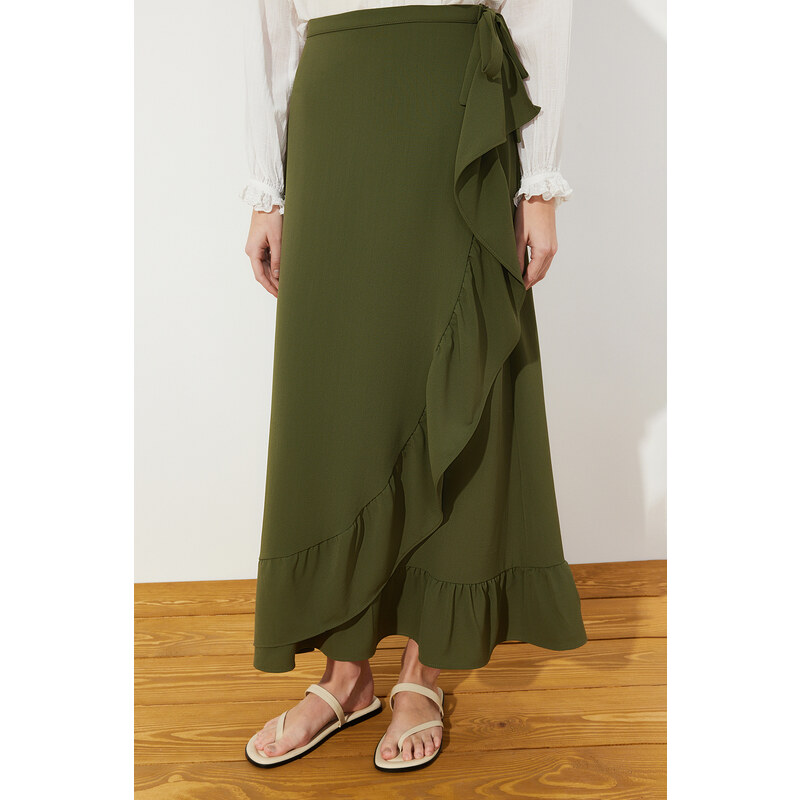 Trendyol Dark Khaki Wrapover Flounce Woven Skirt