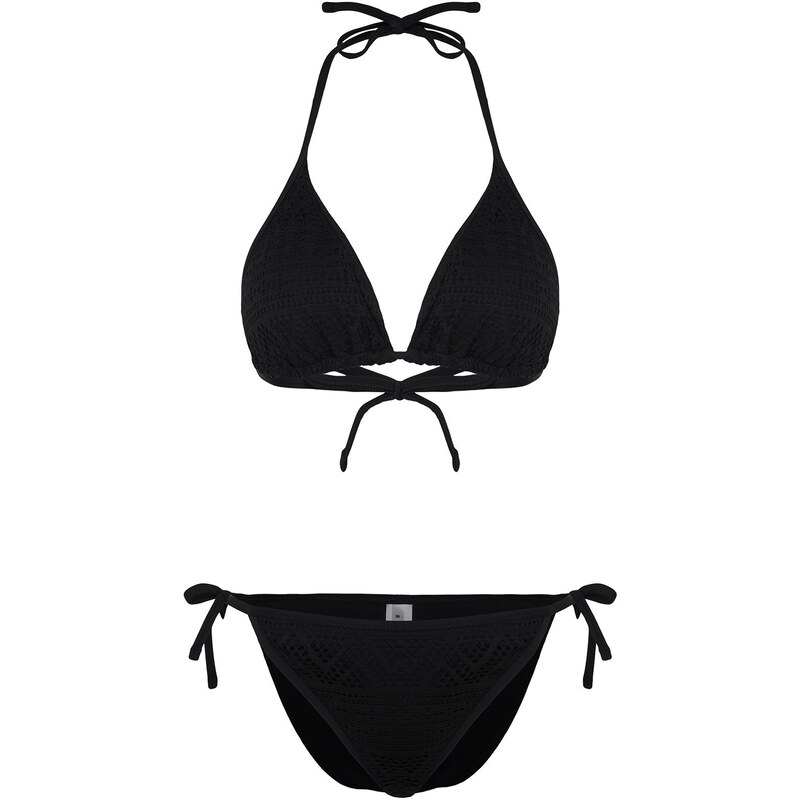 Trendyol Black Triangle Tied Textured Regular Bikini Set