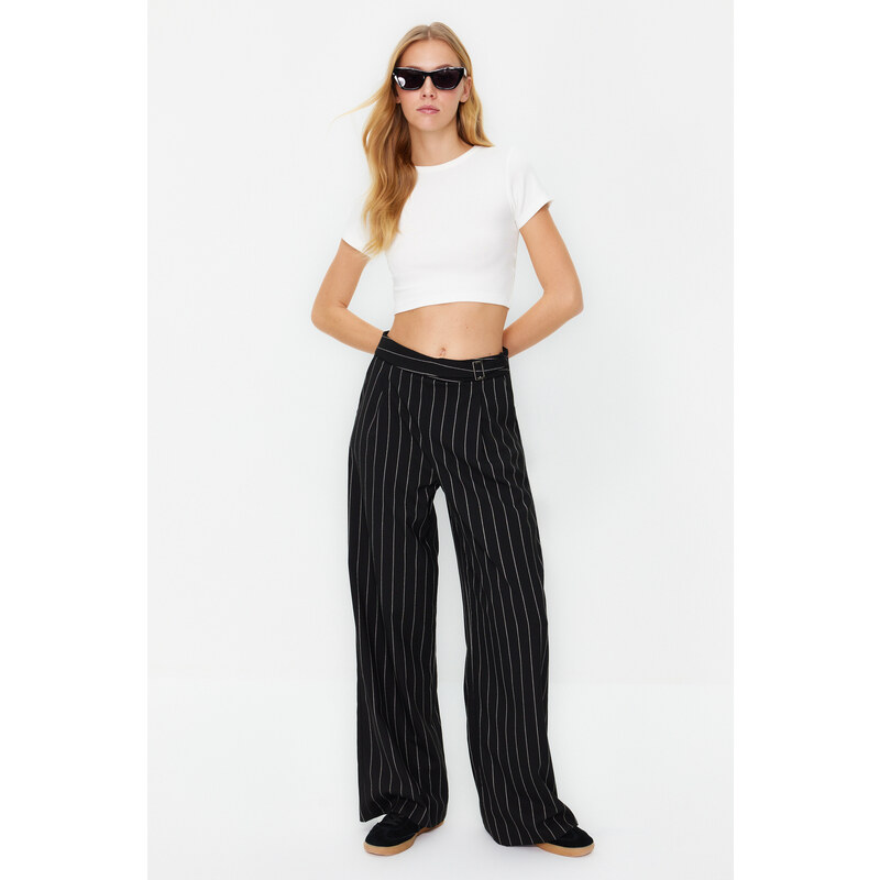 Trendyol Black Wide Leg Silvery Detail Striped Woven Trousers