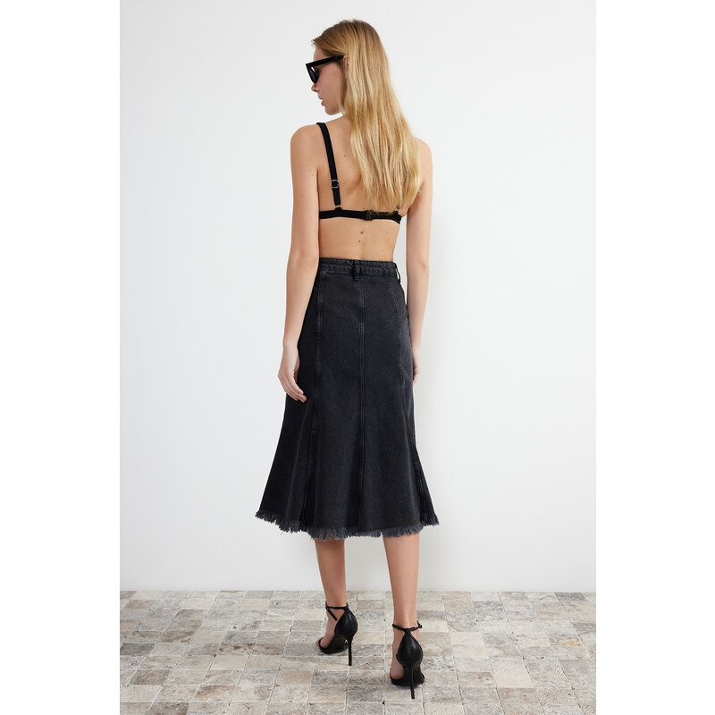 Trendyol Anthracite Stitch Detail Asymmetric High Waist Midi Denim Skirt
