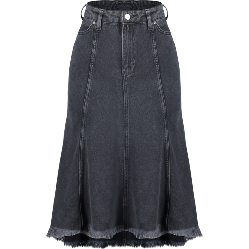 Trendyol Anthracite Stitch Detail Asymmetric High Waist Midi Denim Skirt